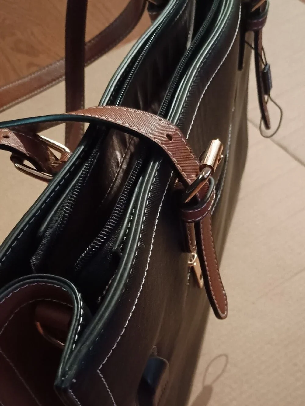 Black Laptop Tote with Brown Strap Accents